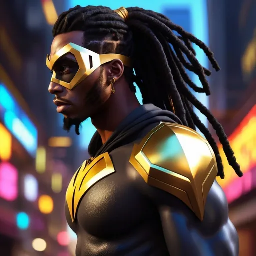 Prompt: CGI, masterpiece, Black man black dreads ponytail with gold accents, superhero, flying through the city, black and gold superhero outfit with mask, vivid and colorful, glowing lights and decoration, intense and dramatic lighting, ultra-detailed, focused gaze, vivid colors, atmospheric lighting.

Character design sheet 