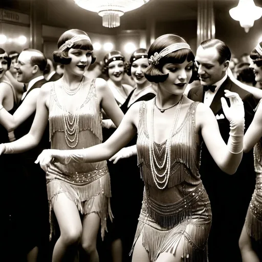 Prompt: Create a dynamic and lively image of flappers dancing in a 1920s club. The scene should capture the energetic atmosphere of a jazz club during the Roaring Twenties, with flappers dressed in glamorous dresses adorned with fringe, sequins, and intricate beadwork. They should be wearing stylish accessories such as feathered headbands, long pearl necklaces, and elegant gloves. The club should have an art deco design, with a jazz band playing in the background and other patrons enjoying the music and dancing. The overall mood should be one of joy and exuberance, showcasing the flappers' spirited dance moves and the vibrant nightlife of the 1920s.