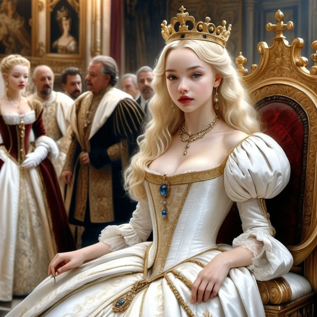 Prompt: Hyper-realistic painting by Serge Marshennikov, Luis Royo, Karol Bak:: mature Dove Cameron, wearing a Elizabethan queenly white dress with gold trim, and a gold queen, she is walking through the Elizabethan throne room as everyone looks on in envy:: 8k resolution, incredible details, a masterpiece, photorealistic