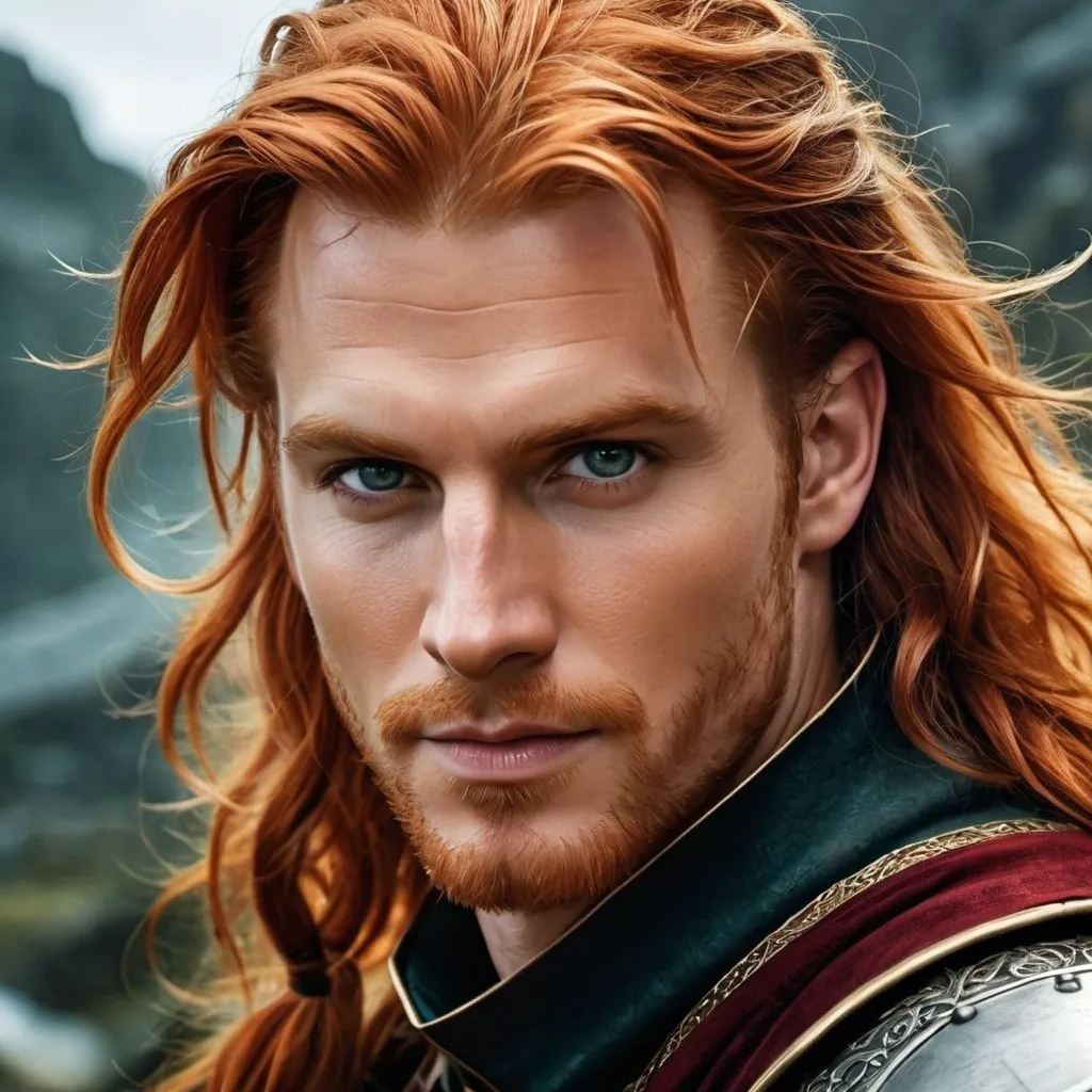 Prompt: A fantasy movie poster, medieval background, man with long wavy red hair, hazel eyes, Baldur's Gate 3 style