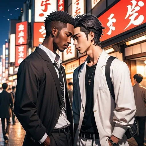 Prompt: Japanese style anime. A handsome black man, wearing Shibuya style outfit. He is with a Japanese man, also wearing a Shibuya style outfit. They are embracing each other romantically. 