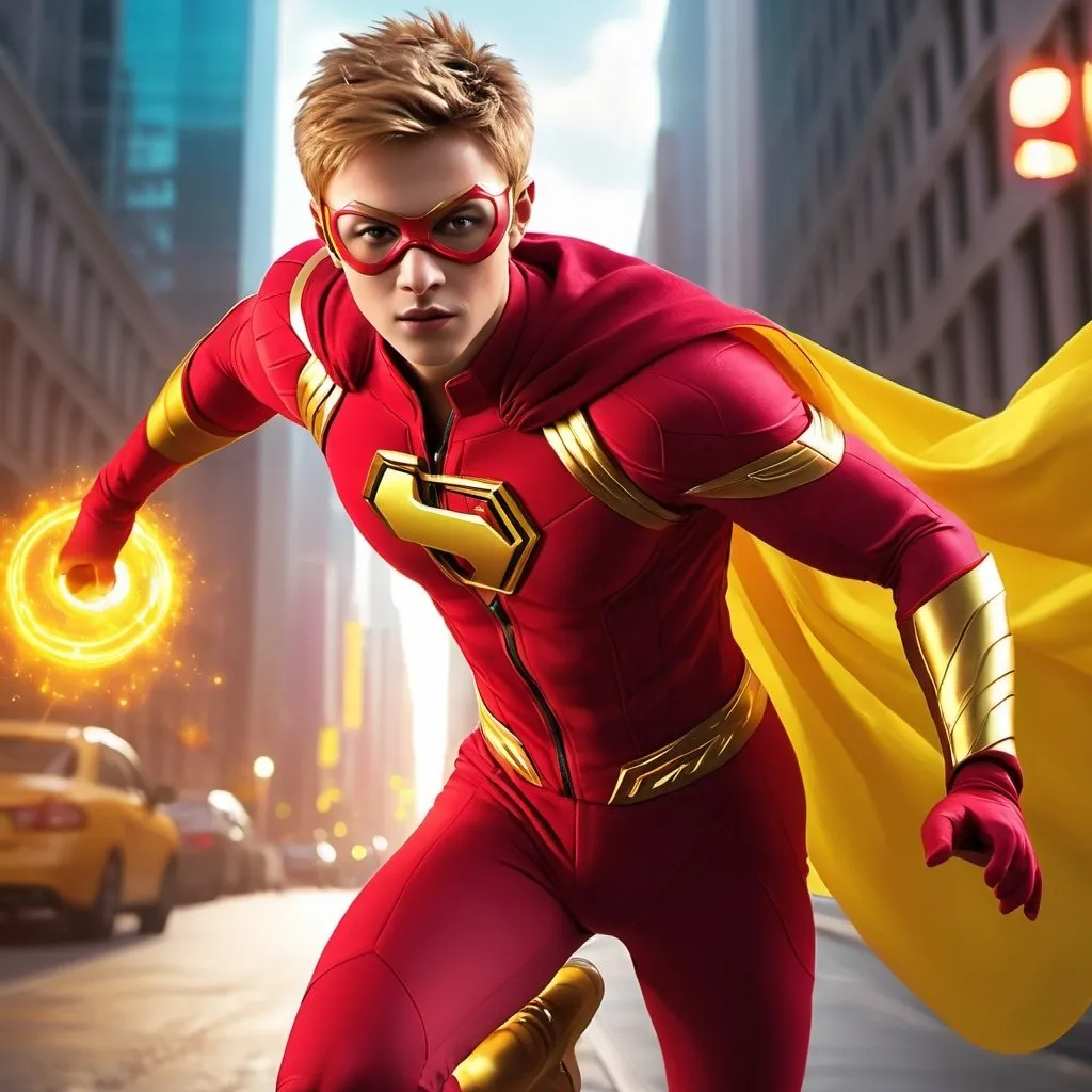 Prompt: CGI, masterpiece, man short light brown hair, superhero, energetic, red and yellow superhero outfit with eye mask and cape, flying through the city, vivid and colorful, glowing lights and decoration, intense and dramatic lighting, ultra-detailed, focused gaze, vivid colors, atmospheric lighting, full scene