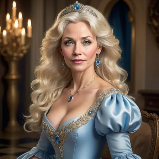 Prompt: The gorgeous step-mother of Cinderella, in her mid 40s, (long wavy platinum blonde hair), reimagined Cinderella story, conveying beauty and strength, (determined expression), elegant wardrobe reminiscent of royalty, vibrant colors with a touch of golden light, enriching ambiance of hope and resilience, high quality, ultra-detailed, enchanting background with castle elements