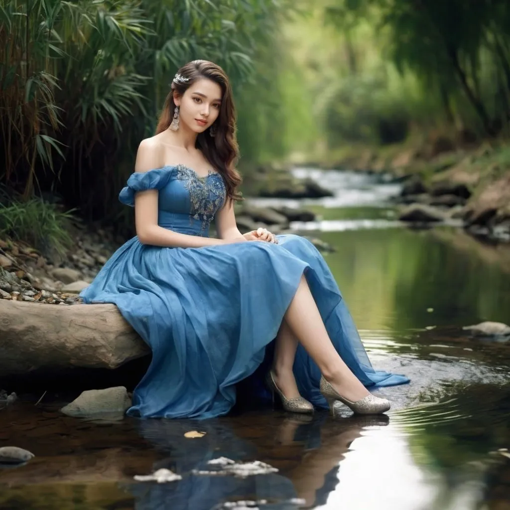 Prompt: Create an image of a beautiful girl sitting along stream wearing full dress