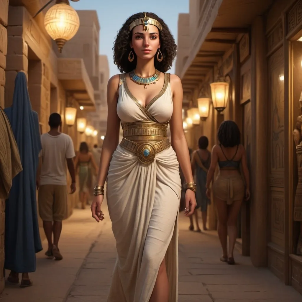 Prompt: Tall young woman walking down the high street, detailed clothing, realistic, natural lighting in the Pharaonic era, curvy, night