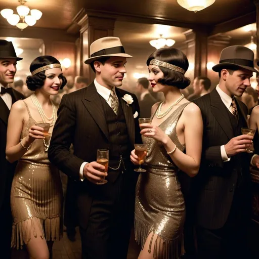 Prompt: Create a detailed and vibrant image of people enjoying themselves in a speakeasy from the 1920s. The scene should capture the clandestine yet lively atmosphere of an underground club during Prohibition. Patrons should be dressed in stylish 1920s fashion: men in well-tailored suits and fedoras, and women in elegant flapper dresses with fringe, sequins, and accessories like feathered headbands and long pearl necklaces. The setting should include elements such as dim lighting, art deco decor, and a jazz band playing lively music. People should be seen dancing, laughing, and socializing, with bartenders discreetly serving drinks. The overall mood should be one of joy, excitement, and a sense of rebellion, showcasing the vibrant social life of the speakeasy culture. Sepia.