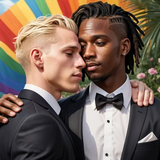 Prompt: A heartwarming, realistic portrait of a interracial gay couple, Ben and Thomas. Ben is white with short, straight tousled blonde hair. Thomas is a black man with dreads. Both Thomas and Ben are wearing beautiful black suits with gold accents.
Thomas and Ben are warmly embracing. They are both wrapping their arms around each other in a loving hug. Thomas's expression is one of pure affection and love as he holds Ben close. Ben looks at Thomas in awe and love. They are surrounded by a delicate romantic background, and gentle ribbons cascading down the sides. Hyper realistic, splash art, concept art, mid shot, intricately detailed, color depth, dramatic, 2/3 face angle, side light, colorful background