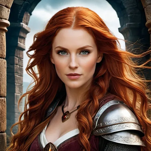 Prompt: A fantasy movie poster, medieval background, woman with long wavy red hair, hazel eyes, Baldur's Gate 3 style