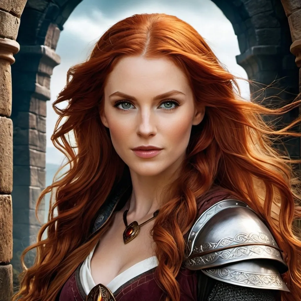 Prompt: A fantasy movie poster, medieval background, woman with long wavy red hair, hazel eyes, Baldur's Gate 3 style