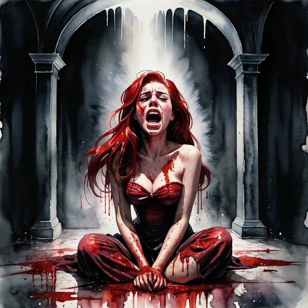 Prompt: Dark retelling of Ariel and has lost her legs to the curse, her face is covered in tears, and is darkened by dramatic lighting, surrounded by blood on the walls and dead bodies surrounding her in a dark watercolor painting. She is screaming in pain. Ariel has lost her joy for life and the humans from all the the horrors she's seen and done, leaving us to wonder how the story changed. 