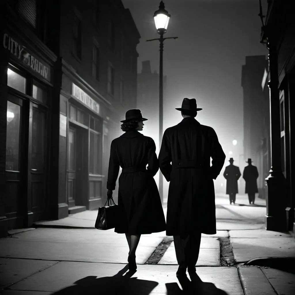 Prompt: dim, night film noir photography, two Detective figures walking off in the distance, one male one female, 1950s, city background, black coat and hat, shadows