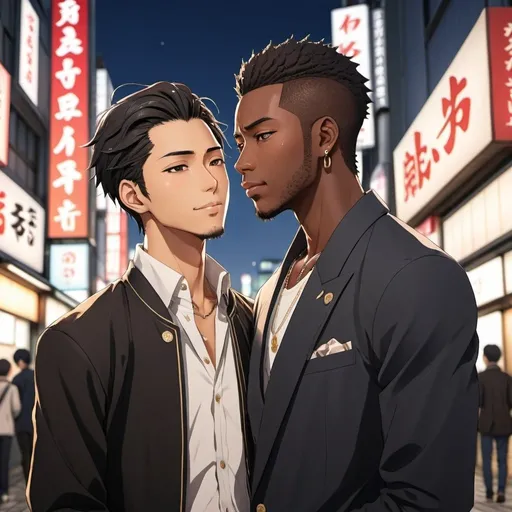 Prompt: Japanese style anime. A handsome black man, wearing Shibuya style outfit. He is with a Japanese man, also wearing a Shibuya style outfit. They are embracing each other romantically. 