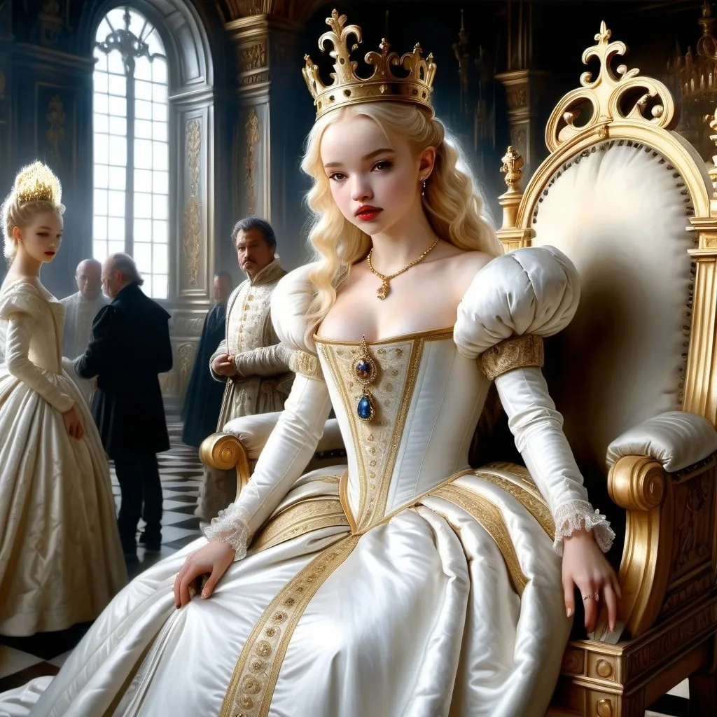 Prompt: Hyper-realistic painting by Serge Marshennikov, Luis Royo, Karol Bak:: Dove Cameron, wearing a Elizabethan queenly white dress with gold trim, and a gold queen, she is walking through the Elizabethan throne room as everyone looks on in envy:: 8k resolution, incredible details, a masterpiece, photorealistic