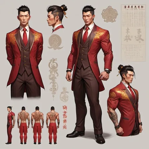 Prompt: Character design sheet classy Chinese man, medium length dark brown and red hair, a red Zhongshan Suit with gold accents, tattoos, muscular