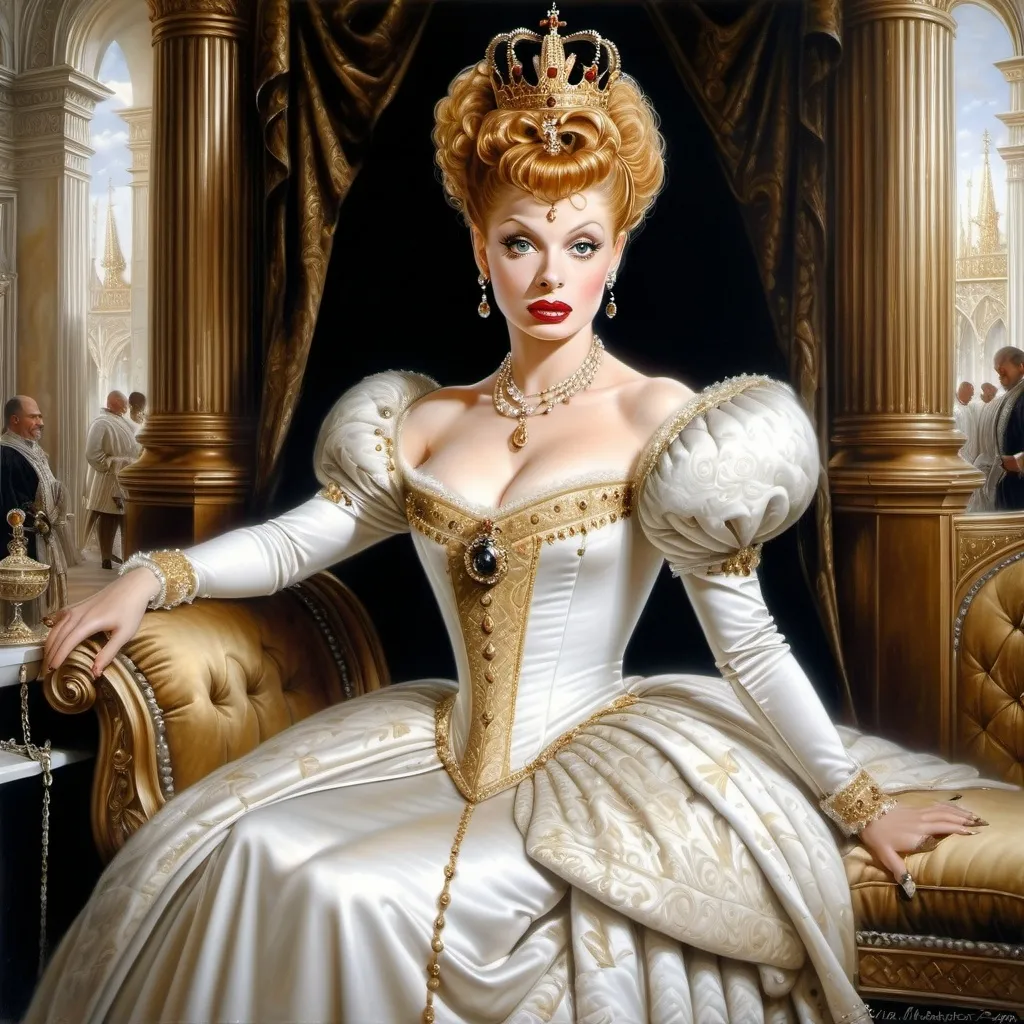 Prompt: Hyper-realistic painting by Serge Marshennikov, Luis Royo, Karol Bak:: elegant and distinguished Lucille Ball, wearing a Elizabethan queenly white dress with gold trim, and a gold queen, she is walking through the Elizabethan throne room as everyone looks on in envy:: 8k resolution, incredible details, a masterpiece, photorealistic