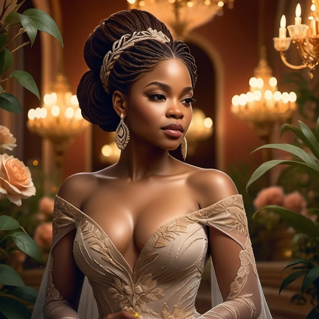 Prompt: (Jasmine Carter), (gorgeous, curvy African American woman), elegant nobility setting, dreamy background, romantic atmosphere, rich opulent colors, soft warm lighting, flowing gown, intricate details, surreal scene, realizing she's in a novel, high-quality cinematic illustration, enchanting mood, lush gardens, grand ballroom, whispers of love in the air, ethereal and whimsical ambiance.