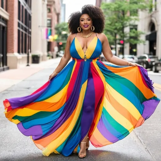 Prompt: Atlanta Pride Month edition fashionista flowy dress, outfit 