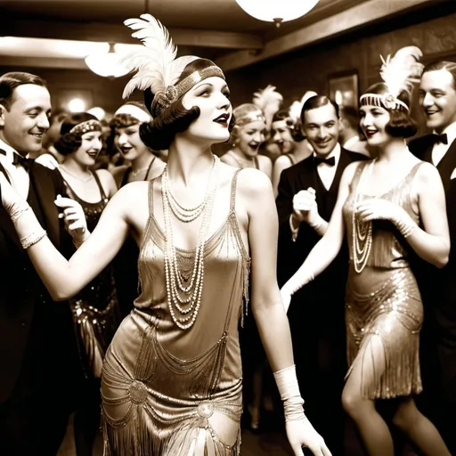 Prompt: Create a dynamic and lively image of flappers dancing in a 1920s club. The scene should capture the energetic atmosphere of a jazz club during the Roaring Twenties, with flappers dressed in glamorous dresses adorned with fringe, sequins, and intricate beadwork. They should be wearing stylish accessories such as feathered headbands, long pearl necklaces, and elegant gloves. The club should have an art deco design, with a jazz band playing in the background and other patrons enjoying the music and dancing. The overall mood should be one of joy and exuberance, showcasing the flappers' spirited dance moves and the vibrant nightlife of the 1920s.