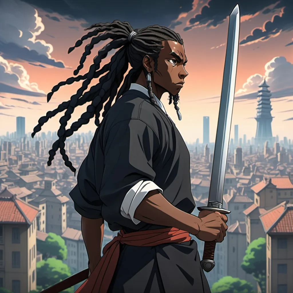 Prompt: Ghibli 2D anime style. A powerful black male hero with long dreads in a ponytail, preparing for a big fight, city landscape; sword master.