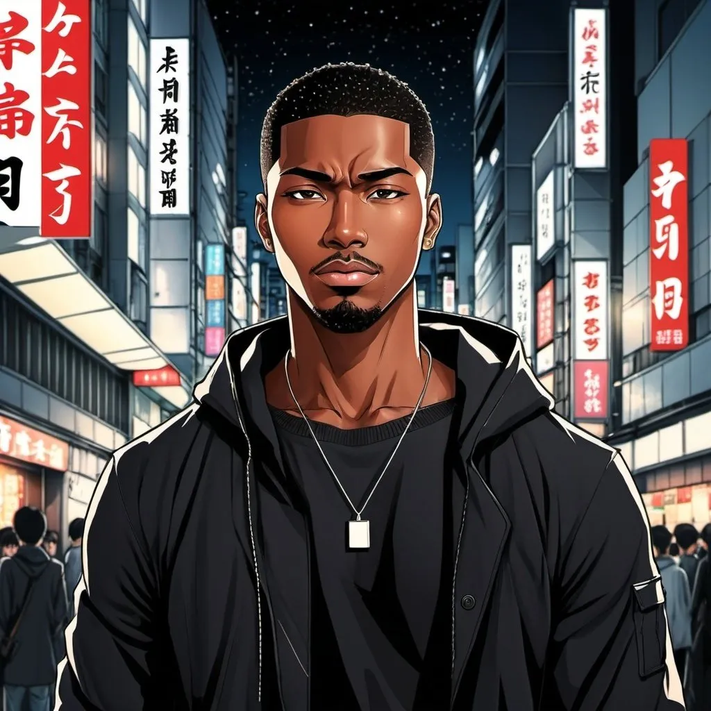Prompt: Japanese manga, Shibuya night city background, a handsome black man, Japanese manga art style.