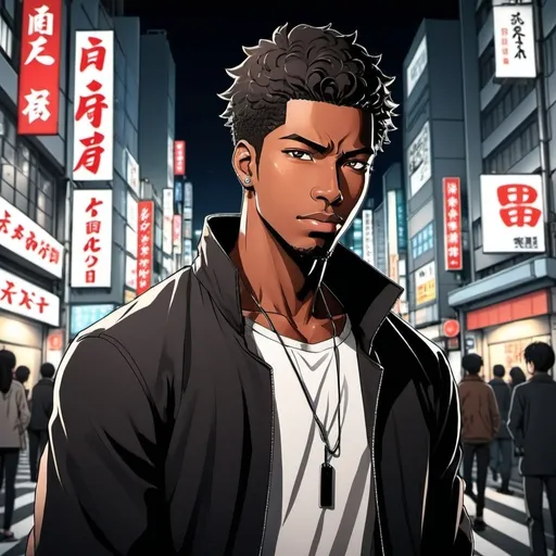 Prompt: Japanese manga, Shibuya night city background, a handsome black man, Japanese manga art style.