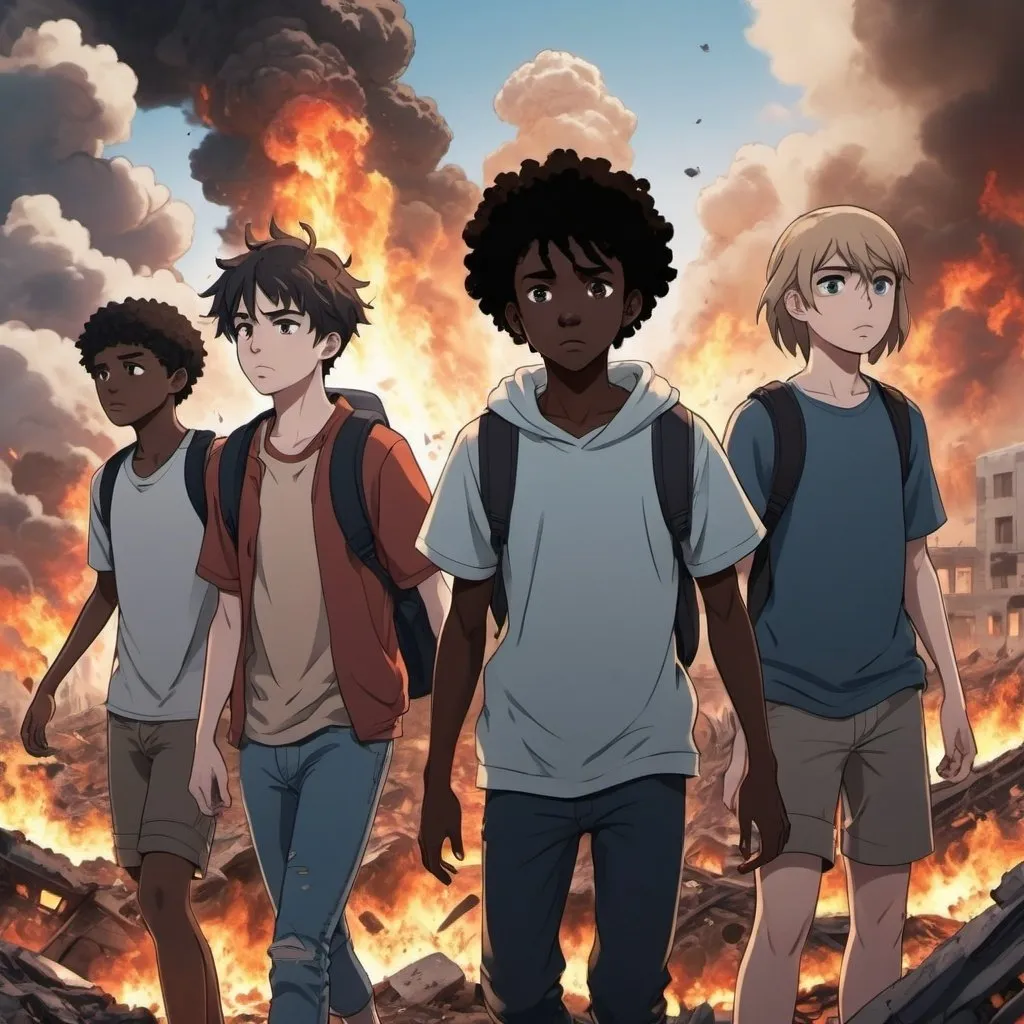 Prompt: A group of teenagers of different racial backgrounds discovering the world is destroyed, 2D anime style 8k