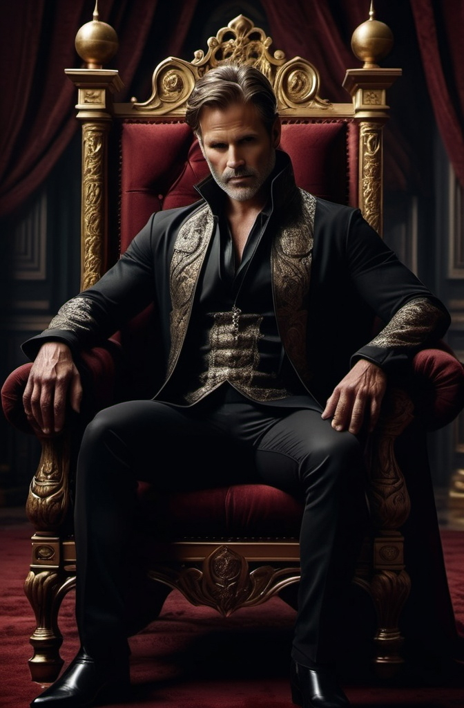 Prompt: Lord Alaric, (complex character), cunning and ambitious noble, dressed in luxurious dark attire with intricate details, fierce expression, possessing an aura of authority, seated in a lavish castle chamber, shadowy corners enhancing tension, (moody lighting), rich color palette of deep reds and blacks, lustrous golden accents, intense atmosphere of intrigue and betrayal, beautifully crafted background elements, (4K), high detail, dramatic tension.