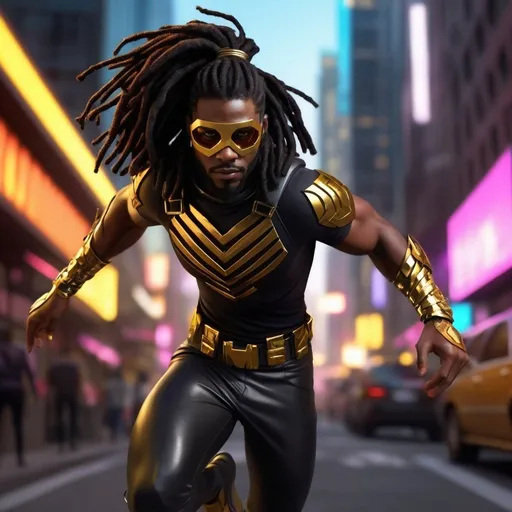 Prompt: CGI, masterpiece, Black man black dreads ponytail with gold accents, superhero, flying through the city, black and gold superhero outfit with mask, vivid and colorful, glowing lights and decoration, intense and dramatic lighting, ultra-detailed, focused gaze, vivid colors, atmospheric lighting.

Character design sheet 