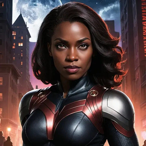 Prompt: A Marvel movie poster, night city background, black superhero woman, Baldur's Gate 3 style.
