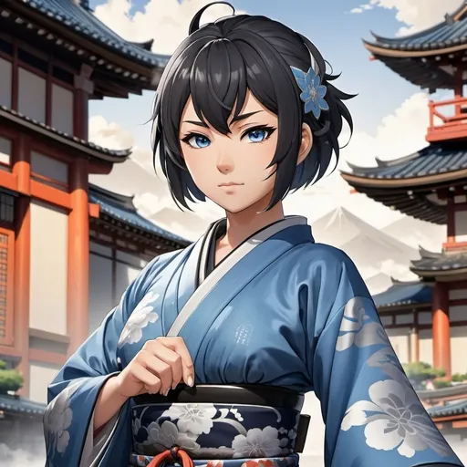 Prompt: Full body portrait. Genshin Impact, Mondstadt background. Genshin Impact curvy Japanese female character with grey eyes and short black hair. She has slightly tan skin. She is wearing a flowy blue and silver conservative kimono style outfit and is ready to fight.