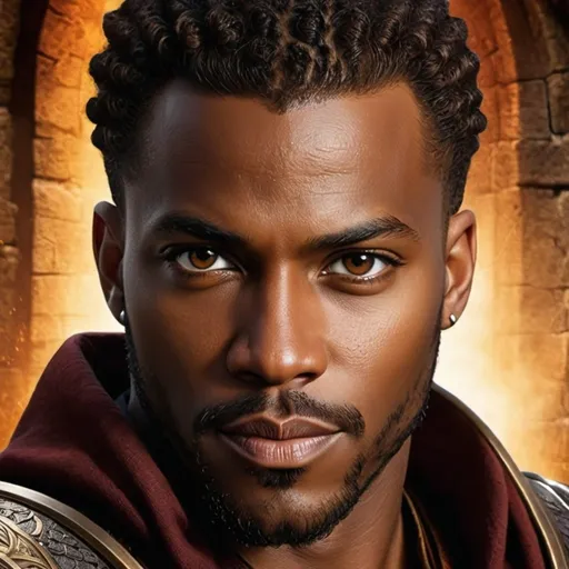 Prompt: A fantasy movie poster, medieval background, black man, light brown eyes, Baldur's Gate 3 style