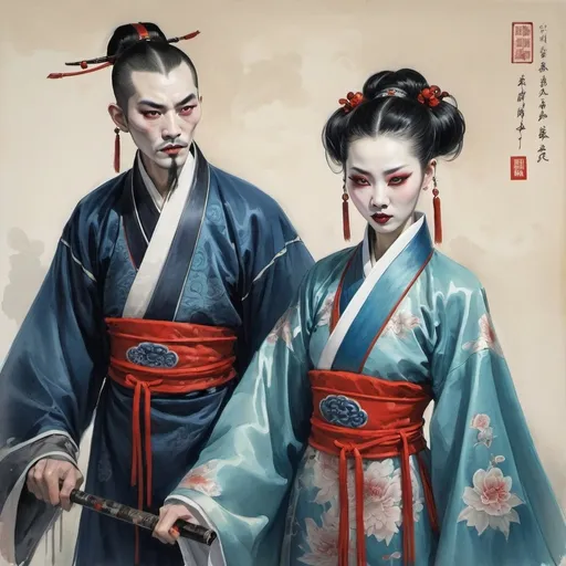 Prompt: Water painting. Two Chinese Vampires in Qing dynasty clothing.