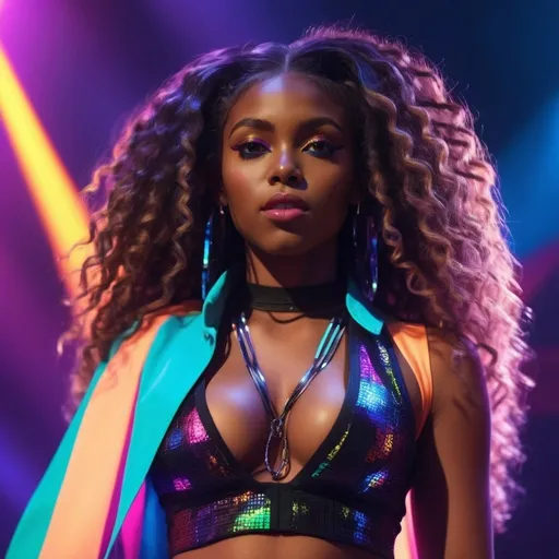 Prompt: CGI, masterpiece, black girl preforming on stage as a pop star, long curly hair, cleavage, vivid and colorful, glowing lights and decoration, intense and dramatic lighting, ultra-detailed, futuristic, pop star stage, energetic gaze, vivid colors, otherworldly,  atmospheric lighting.