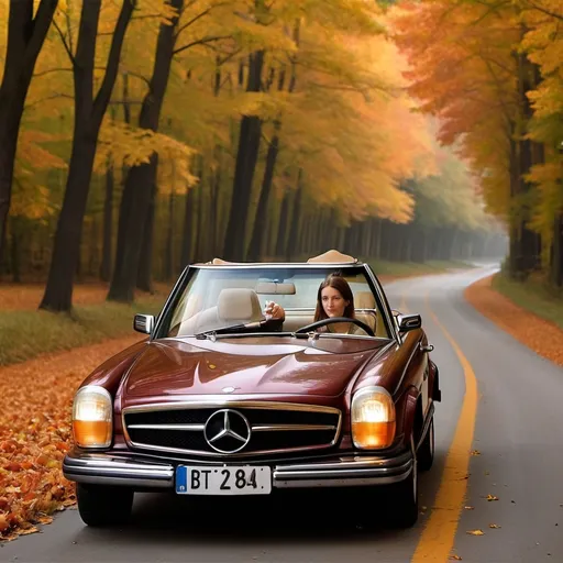 Prompt: Please draw me driving a Benz down a quiet country road lined with autumn leaves.