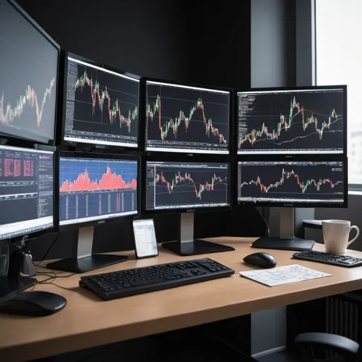 Prompt: a computer-desk with some forex-charts which are dispaleyd at the monitor