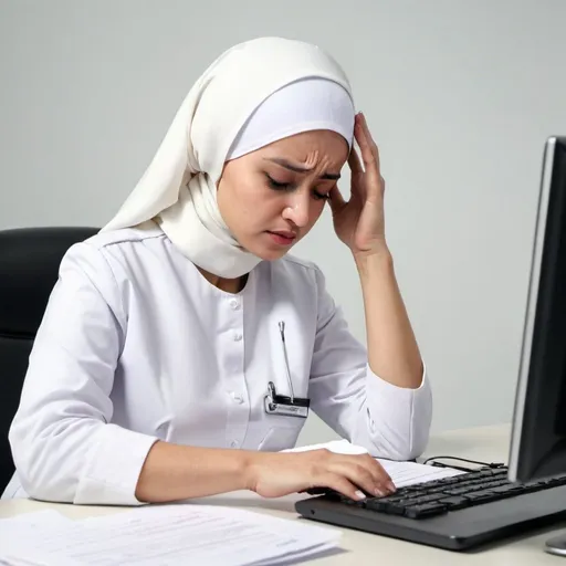 Prompt: a nurse wearing white uniform and white hijab having headache while filing document on computer