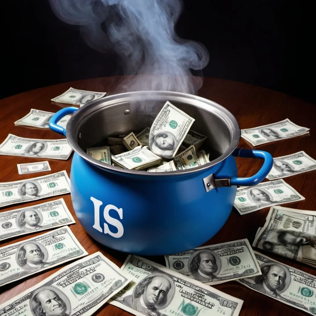 Prompt: A boiling cooking pot with a blue "IS" alphabets inside. Surrounded by cash all over the place