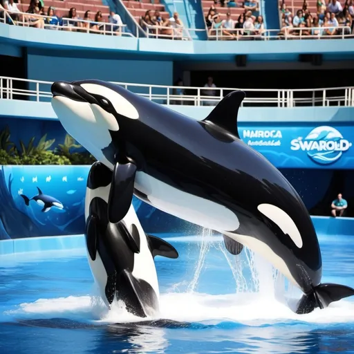 Prompt: make a realistic  
 orca  performance with a trainer in seaworld