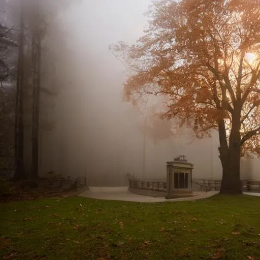 Prompt: A library surrounded by fog where spirits wait to enlist ghten passerby