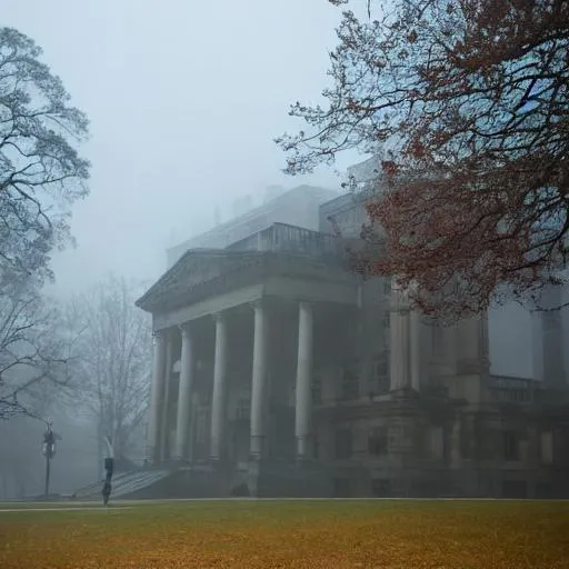 Prompt: A library surrounded by fog where spirits wait to enlist ghten passerby