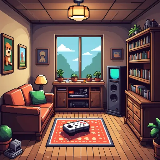 Prompt: Pixel Art Room:
Start by creating a pixel art image of a room with details such as tables, chairs, lamps, bookshelves, and most importantly, a classic game console.
Use bright colors and pixel art patterns to create a cheerful and comfortable space.
Pixel Character:
Create a pixel character sitting in front of the classic game console, it could be an animal or a cartoon character.
Make sure the character has a relaxed and chill expression to create a comfortable atmosphere for the video.
Classic Game Console:
Create a classic game console with details like buttons, controllers, and a pixelated screen.
Ensure the game console looks classic yet modern and fits well with the pixel art space.
Other Animals:
Add other animals like dogs, cats, or birds, also depicted in pixel art, in the room to add more liveliness and a cheerful atmosphere.
Music and Effects:
Use lively and upbeat background music to create a relaxed and chill atmosphere.
Apply sound effects such as button presses on the game console and the sounds of animals to make the video more lively.