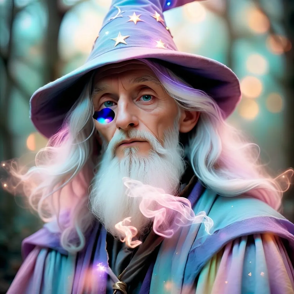 Prompt: Dreamy pastel portrait, wizard, ethereal atmosphere, soft focus