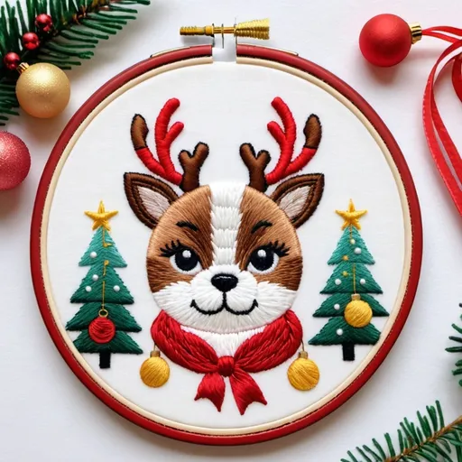 Prompt: Embroidery hoop hand embroidery thread designs of an adorable dog or cat wearing reindeer antlers, surrounded by festive ornaments and a tiny Christmas tree.



