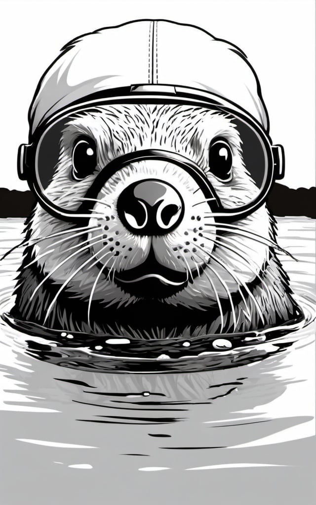 Prompt: Illustrated t-shirt design of beaver swimming showing his tale and with swimming goggles, vector, solid white background, black and white color