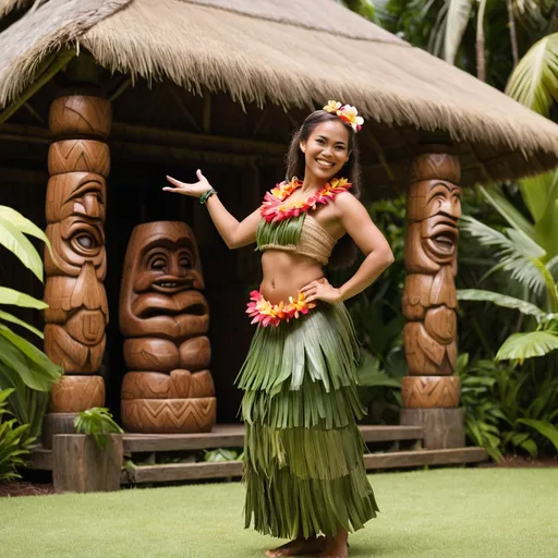 Prompt: Image of hula dancer standing by tiki idil
