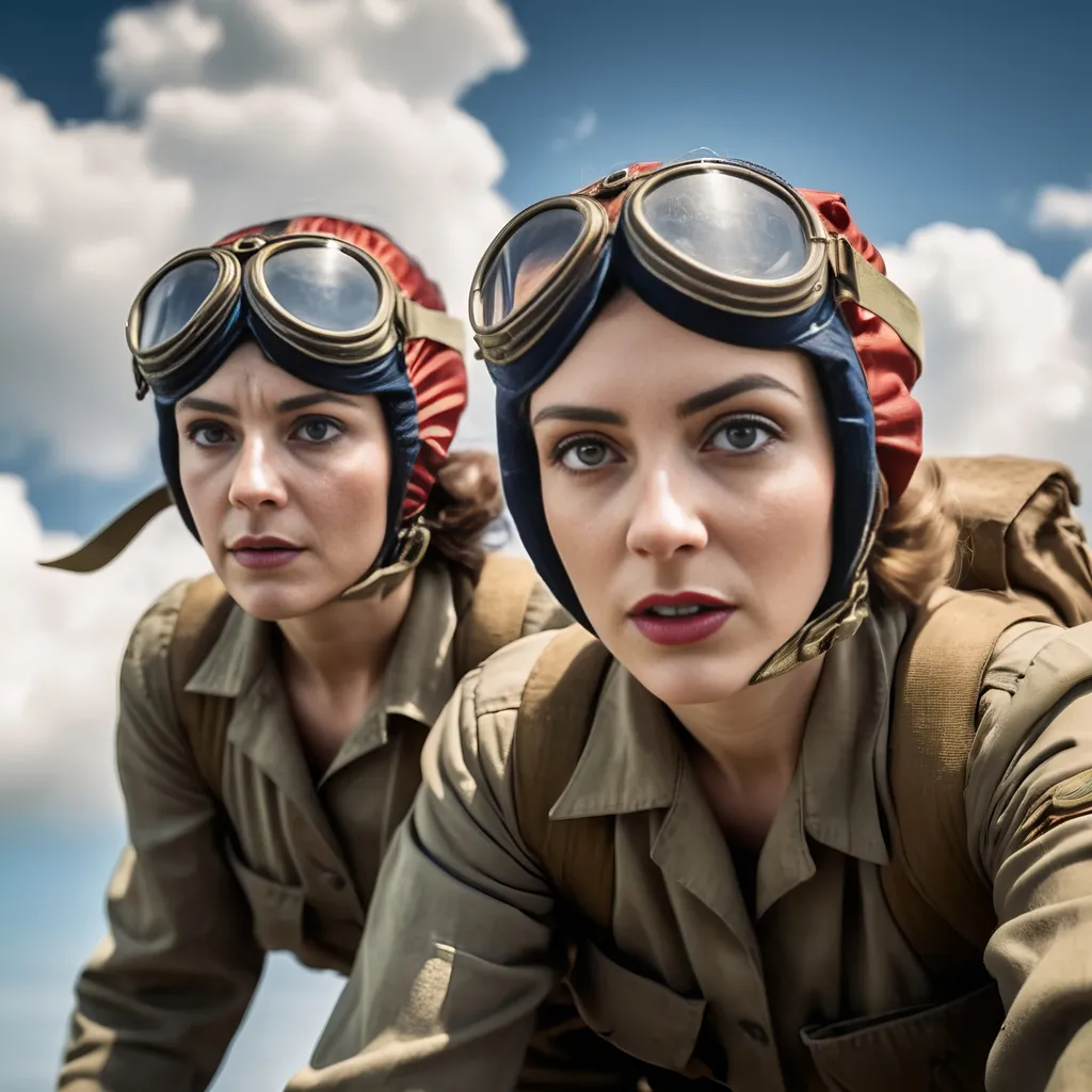 Prompt: two women  world war two, ww II, colour, dramatic light, 
8k, intricate quality, looking down the lens, straight forward, eyes, parachute over shoulder, powerful, natural, flying goggles, flying jumpsuit