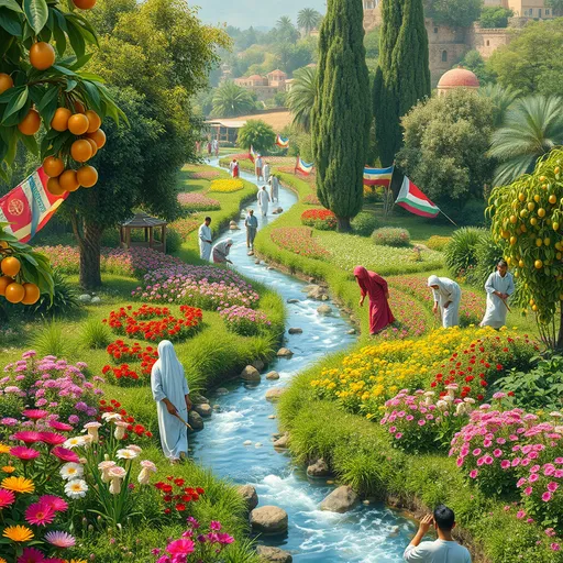 Prompt: create an image of a lush, vibrant garden scene set in the Middle East with a river flowing thorugh the middle , featuring numerous people working joyfully in the fields wearing thawbs. The landscape is rich with greenery, various colorful flowers, and fruit-bearing plants, all reflecting the unique charm and beauty of the region