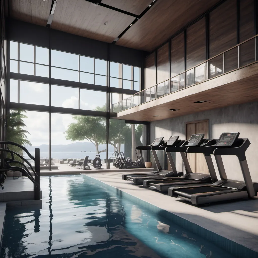 Prompt: a gym with treadmills and a staircase leading to a pool area with a view of the water, Cedric Seaut (Keos Masons), photorealism, unreal engine render, a digital rendering