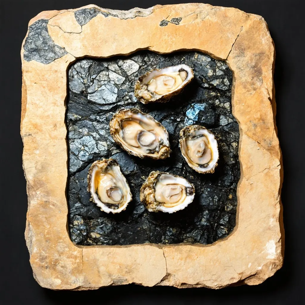 Prompt: Oysters on a meteorite, composed with an artistic touch and the texture of a real photograph.