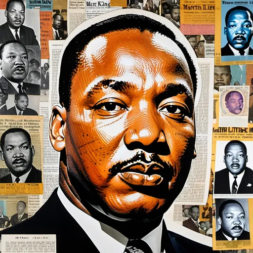 Prompt: A vibrant and intricate collage of a man's face, predominantly featuring Martin Luther King. The collage comprises various newspaper clippings, photographs, and textual elements. The man's face is the central focus, with the collage elements surrounding and overlapping it. The clippings contain a mix of text, images, and symbols, providing a rich tapestry of information about Martin Luther King and possibly other related topics.